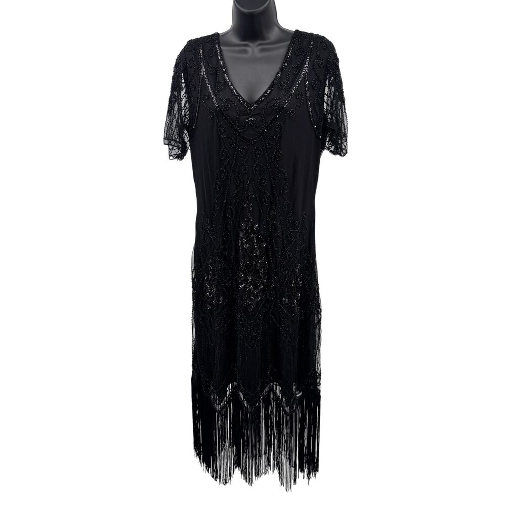Babeyond Shift Dress WMNS XL Black Beaded Short Sheer Fringe Hem V-Neck 20's Era